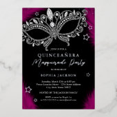 Roze Zilveren Maskerade Star Quinceanera Folie Uitnodiging (Voorkant)