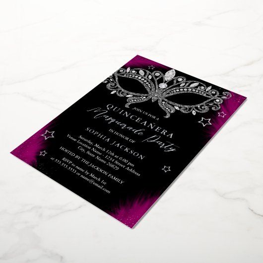 Roze Zilveren Maskerade Star Quinceanera Folie Uitnodiging (Gedraaid)