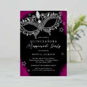 Roze Zilveren Maskerade Star Quinceanera Folie Uitnodiging (Staand Voorkant)