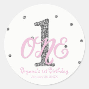 Roze & Zilveren Meisjes ONE 1e Verjaardagsfeest Fa Ronde Sticker