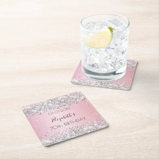 Roze zilveren naam elegante verjaardag kartonnen onderzetters (Insitu)