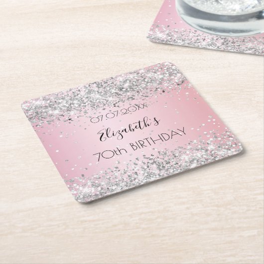 Roze zilveren naam elegante verjaardag kartonnen onderzetters (Schuin)