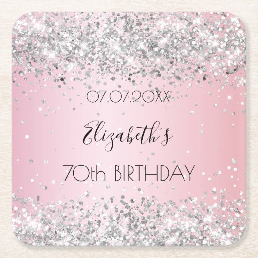Roze zilveren naam elegante verjaardag kartonnen onderzetters (Voorkant)