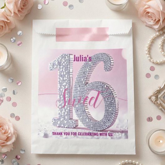 Roze Zilveren Nep Glitter Diamant Sweet 16 Bedankzakje