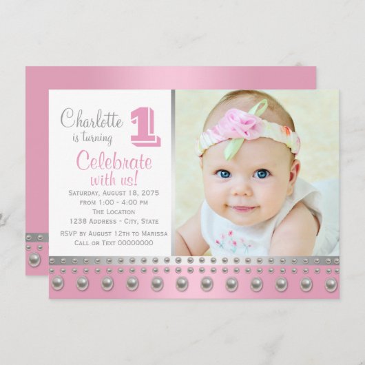 Roze zilveren parel eerste verjaardag kaart (Voorkant / Achterkant)