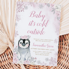Roze Zilveren Pinguïn Baby Shower Kaart