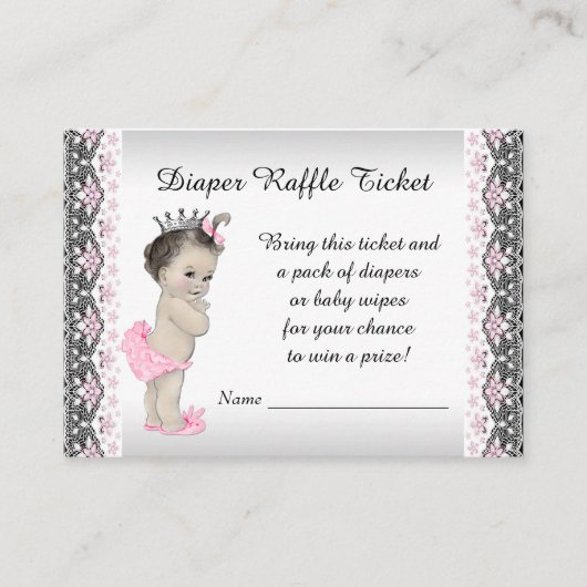 Roze Zilveren Prinses Luier Raffle Ticket Informatiekaartje (Voorkant)