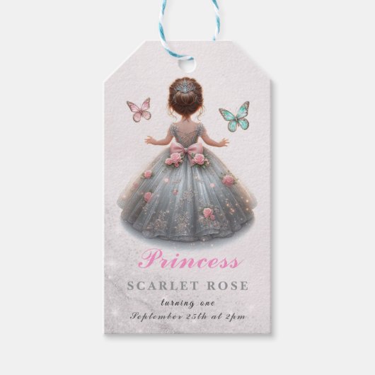 Roze zilveren prinsessenjurk Sprookjesverjaardagsf Cadeaulabel (Voorkant)