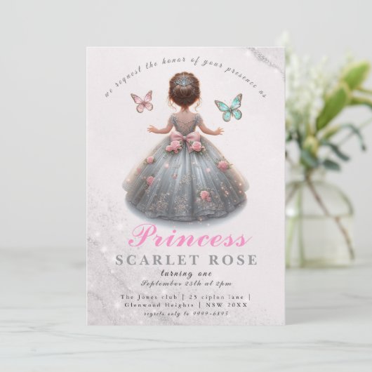 Roze zilveren prinsessenjurk Sprookjesverjaardagsf Kaart (Staand voorkant)