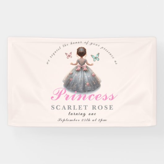 Roze zilveren prinsessenjurk Sprookjesverjaardagsf Spandoek (Horizontaal)