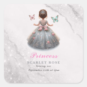 Roze zilveren prinsessenjurk Sprookjesverjaardagsf Vierkante Sticker