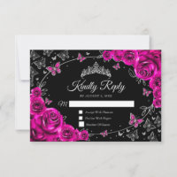 Roze Zilveren Quinceanera Antwoordkaart