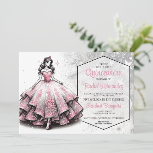Roze & Zilveren Quinceañera Meisje Kaart (Staand voorkant)