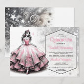 Roze & Zilveren Quinceañera Meisje Kaart (Voorkant / Achterkant)
