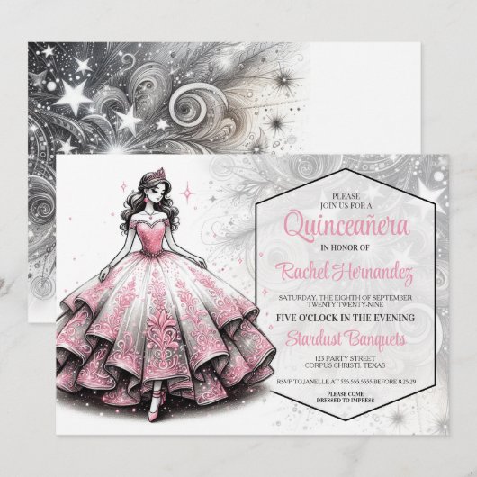 Roze & Zilveren Quinceañera Meisje Kaart (Voorkant / Achterkant)