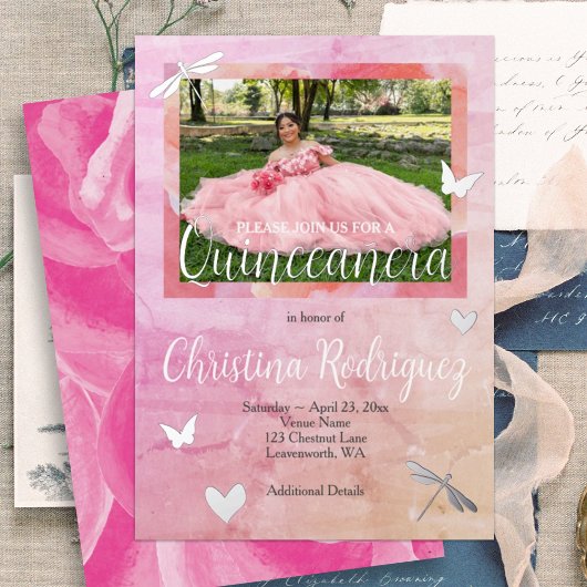 Roze & Zilveren Quinceanera Rozen Invitation Folie Uitnodiging
