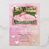 Roze & Zilveren Quinceanera Rozen Invitation Folie Uitnodiging (Voorkant)