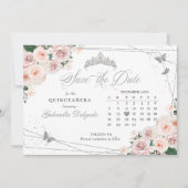 Roze & Zilveren Quinceañera Save The Date Kaart (Voorkant)