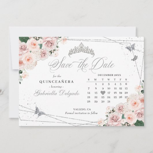 Roze & Zilveren Quinceañera Save The Date Kaart (Voorkant)