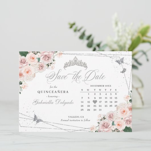 Roze & Zilveren Quinceañera Save The Date Kaart (Staand voorkant)