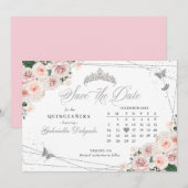 Roze & Zilveren Quinceañera Save The Date Kaart (Voorkant / Achterkant)