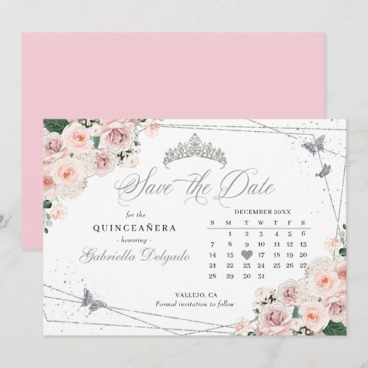 Roze & Zilveren Quinceañera Save The Date Kaart (Voorkant / Achterkant)