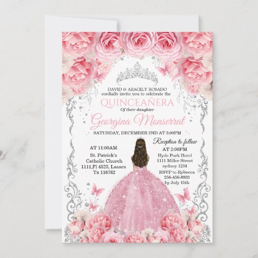 Roze Zilveren Quinceañera Uitnodiging Bloemen Ontw (Voorkant)