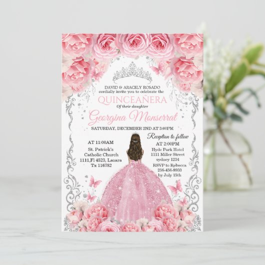 Roze Zilveren Quinceañera Uitnodiging Bloemen Ontw (Staand voorkant)