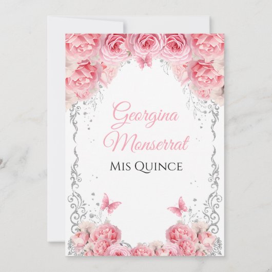 Roze Zilveren Quinceañera Uitnodiging Bloemen Ontw (Achterkant)