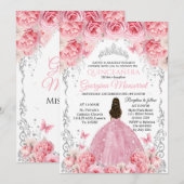Roze Zilveren Quinceañera Uitnodiging Bloemen Ontw (Voorkant / Achterkant)