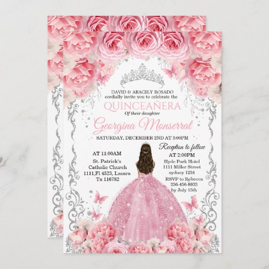 Roze Zilveren Quinceañera Uitnodiging Bloemen Ontw (Voorkant / Achterkant)