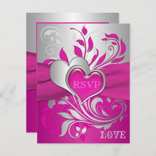Roze, Zilveren Rollen, Harten RSVP Kaart (Voorkant / Achterkant)