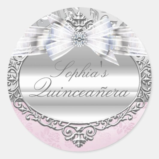 Roze & Zilveren Roos Quinceanera Sticker (Voorkant)