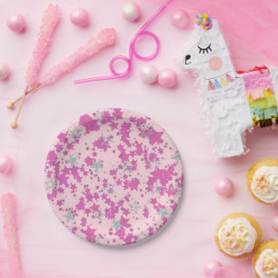 Roze zilveren rozen sterren papieren bordje