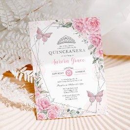 Roze Zilveren Rozen Vlinder Quinceañera Verjaardag Kaart