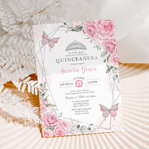 Roze Zilveren Rozen Vlinder Quinceañera Verjaardag Kaart