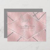 Roze & Zilveren Satijn Sparkle Glam Save the Date Aankondigingskaart (Voorkant / Achterkant)