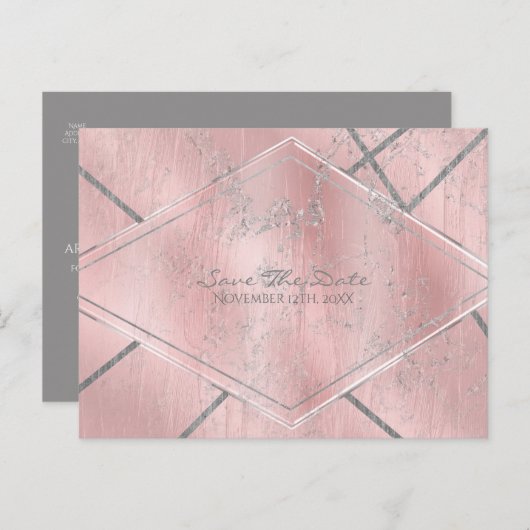 Roze & Zilveren Satijn Sparkle Glam Save the Date Aankondigingskaart (Voorkant / Achterkant)