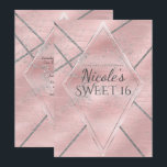 Roze & Zilveren Satijnen Glamour Sweet 16 Feestje Kaart<br><div class="desc">Op maat gemaakt voor elk evenement.</div>