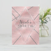 Roze & Zilveren Satijnen Glitter Glam Sweet 16 Fee Kaart (Staand voorkant)
