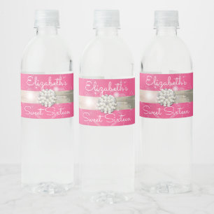 Roze Zilveren Satijnen Lint Parels I Diamanten Waterfles Etiket