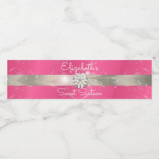 Roze Zilveren Satijnen Lint Parels I Diamanten Waterfles Etiket (Enkel label)