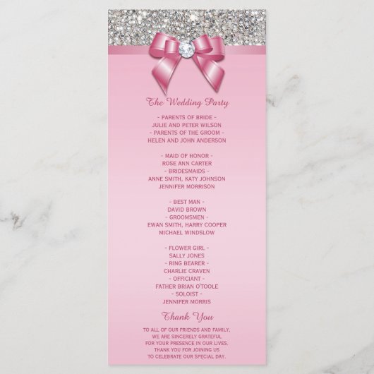 Roze Zilveren Sequin Diamond Bow Wedding Programma Programmakaart (Achterkant)