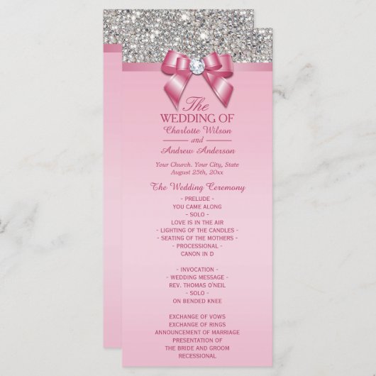 Roze Zilveren Sequin Diamond Bow Wedding Programma Programmakaart (Voorkant / Achterkant)