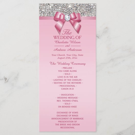 Roze Zilveren Sequin Diamond Bow Wedding Programma Programmakaart (Voorkant)