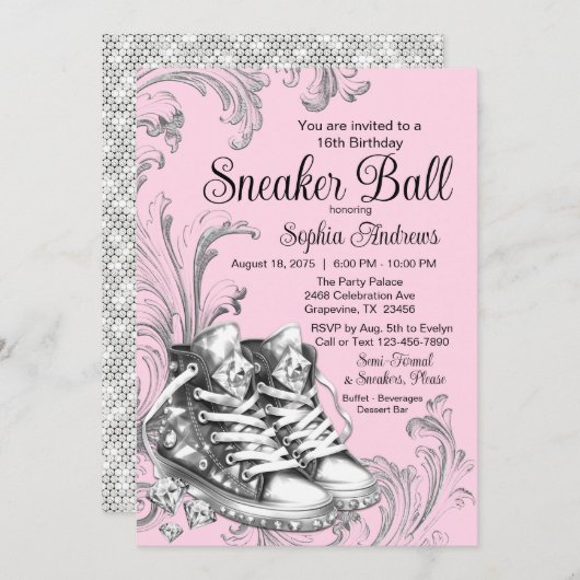 Roze Zilveren Sneaker Bal Kaart (Voorkant / Achterkant)