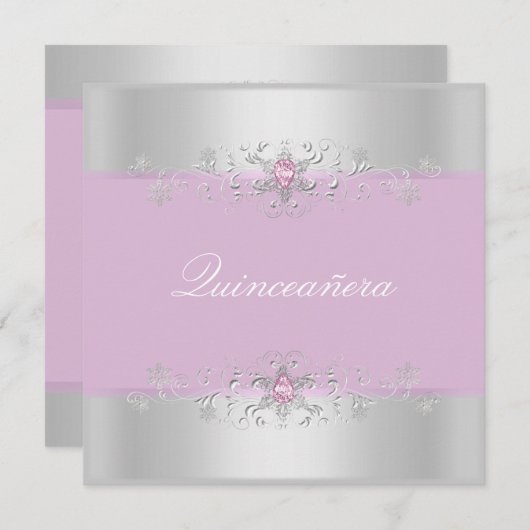 Roze & Zilveren Sneeuw Gem Quinceanera Uitnodigen Kaart (Voorkant / Achterkant)