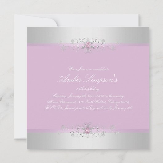 Roze & Zilveren Sneeuw Gem Quinceanera Uitnodigen Kaart (Achterkant)
