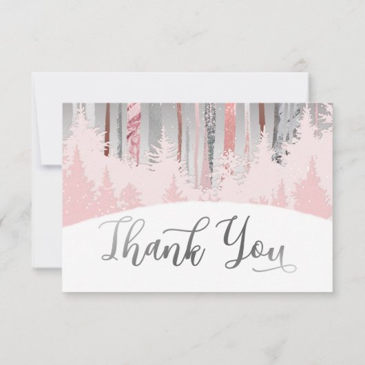 Roze Zilveren Sneeuwhout Winterbomen 1e Verjaardag Bedankkaart (Achterkant)