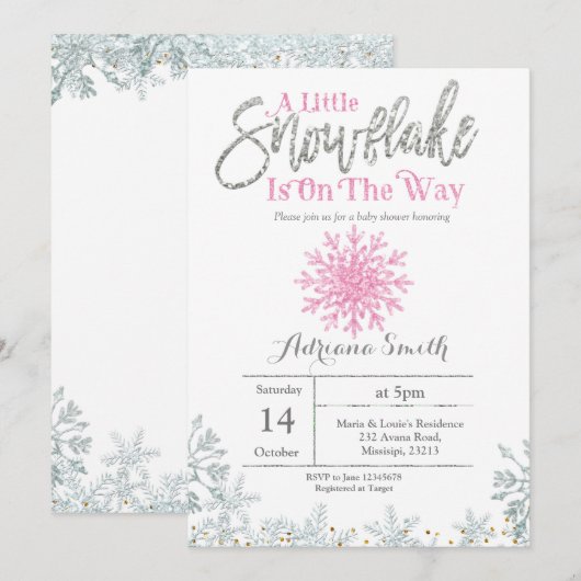 Roze zilveren sneeuwvlok baby shower kaart (Voorkant / Achterkant)